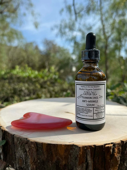 HANDCRAFTED ORGANIC CASTOR OIL+ FRANKINCENSE ANTI-WRINKLE FACE SERUM W LYMPHATIC GUA SHA